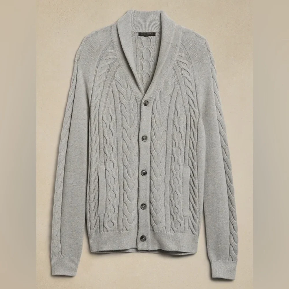 Banana Republic Cable Kit Fisherman Sweater Shawl Collar Button Front Size Med